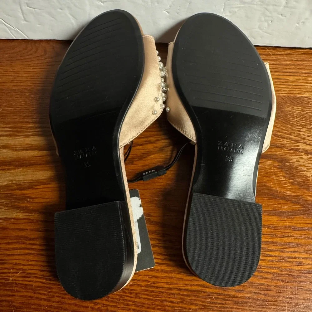 Zara Trafaluc Pearl Rhinestone Satin Slide Sandals Champagne NWT Size 35 - Picture 6 of 7